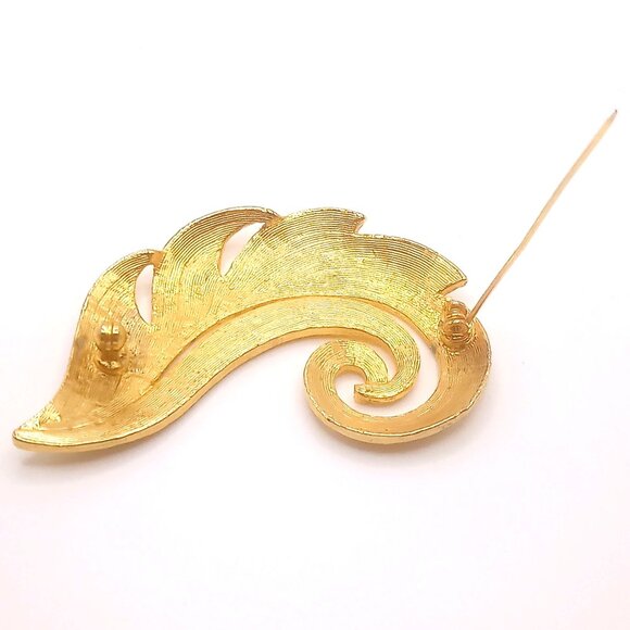 Vintage Brooch Hammered Curled Leaf Feather Design Gold Plated Metal Pin 3" - Picture 7 of 10